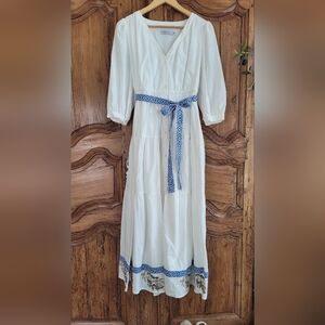 MISSLOOK Cream Maxi Dress with Blue Trim and Belt